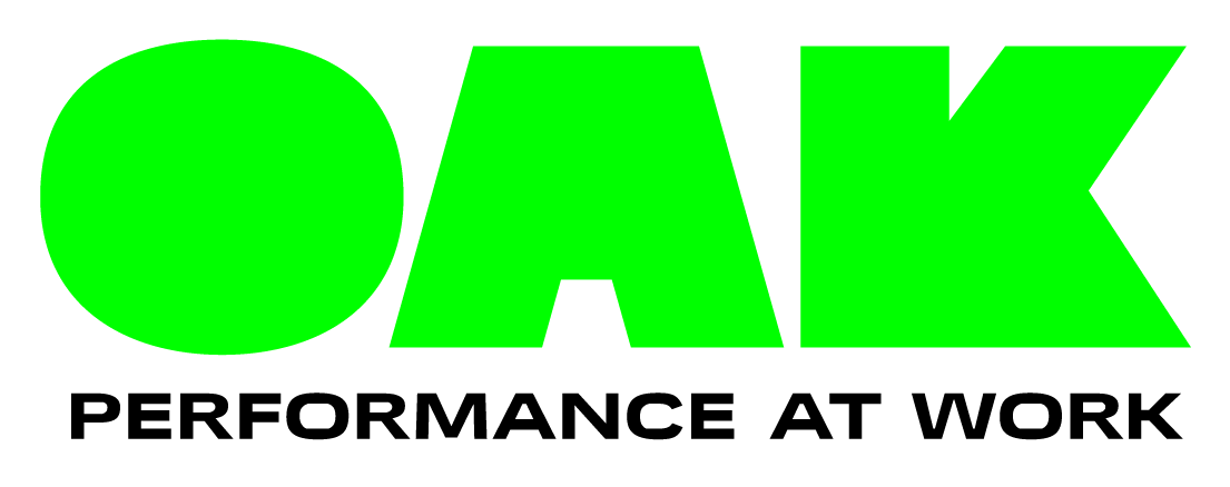 Green Oak logo with black text underneath saying performance at work